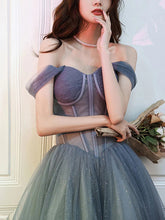Gray Tulle A-line Off-the-Shoulder Long Prom Dresses, Evening Gowns